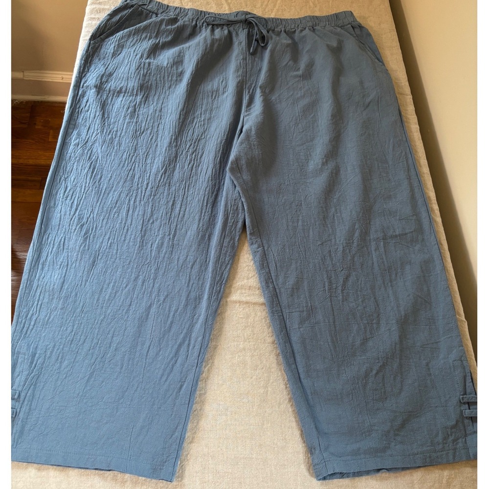 Womens 5XL Blue Wide Leg Cropped Pants Textured Capri Coastal Grandma, Lagenlook